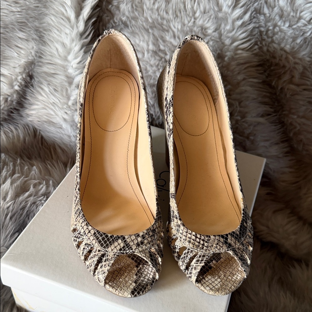 Calvin Klein Snakeskin Peep-Toe Heels